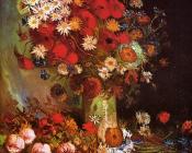 文森特威廉梵高 - 有罂粟、矢车菊、牡丹和菊花的花瓶